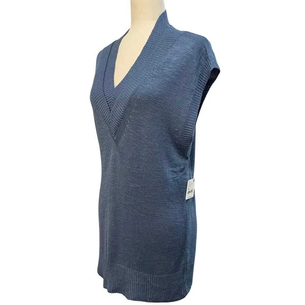 Free People Women’s Hannah Sweater Vest Oversized Double V-Neck Knit NWT Blue XS - Picture 3 of 13